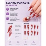 Dusty‑Red Almond Press‑On Nails, Luxury False Nails with White Polka Dots, Metal Flowers & Big Rhinestones